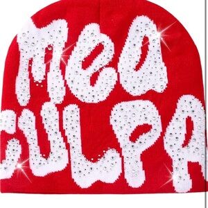 Red Beanie with White Text and Rhinestones
